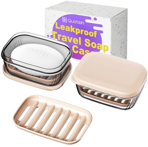 Quatish Bar Soap Holder Dish, Leakproof Travel Soap Case for Shower, Portable Travel Size Toiletries Camping Essentials for Gym, Dorm, Bathroom, Khaki