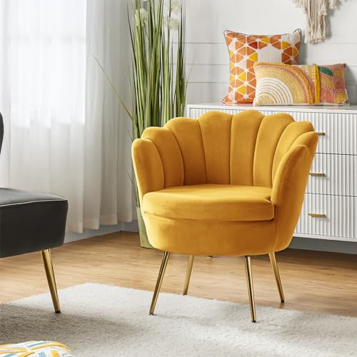 HULALA HOME Sessel aus Samt mit Dicker Rückenlehne moderner gemütlicher Loungesessel mit goldenen Beinen Lesesessel bequem für Wohnzimmer Schlafzimmer, Gelb