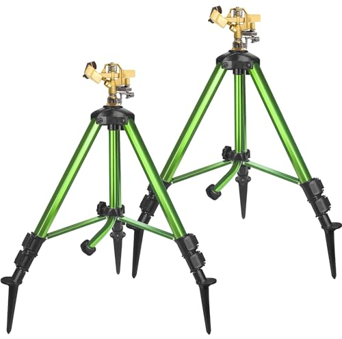 Triumpeek Lot de 2 arroseurs à impact sur base trépied avec piquets, irrigation à grande surface à 360 degrés avec pieds extensibles, buse à tête d'arrosage réglable en laiton et raccord de tuyau