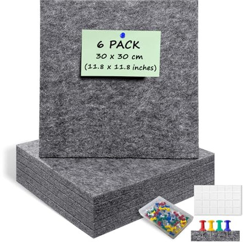 ANLIOTE Lot de 6 Tableau d'affichage en liège Feutre Mural avec 60 Punaises, 30 x 30 cm Panneaux Carrés Muraux | Maison, Bureau, École – Décoration Murale, Affichage Photos, Pense-Bête (Gris Foncé)