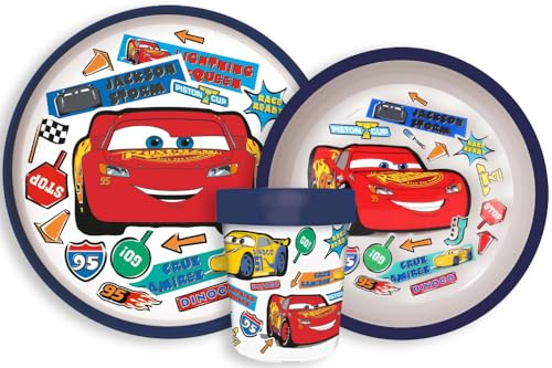 Cars - Juego de vajilla de 3 piezas de personajes de dibujos animados antideslizantes bicolor de alta calidad para niños, juego de platos, cuencos y tazas, plástico reutilizable sin BPA (coches)