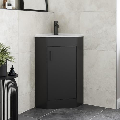 Affine® 585mm Corner Vanity Unit Basin Sink Bathroom Storage Cabinet Cupboard Freestanding, Single Tap Hole Ceramic Wash Basins, Soft Close Door, Matt Black