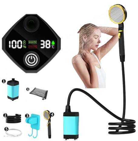 LIBRELUNE Kit Douche De Camping, Upgrade 7800 Ah Camping Douche Portable,Pompe De Douche éLectrique Rechargeable avec Un Affichage NuméRique Intelligent pour Douche de Camping en Plein air (Bleu)