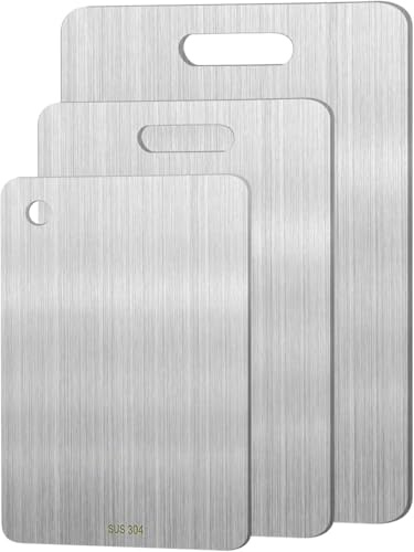 3pcs Edelstahl Schneidebrett Lebensmittelqualität doppelseitige rutschfest Schneidebrett Set, Küche Schneidebrett für Fleisch Gemüse Obst, spülmaschinenfest(Schlankes Profil)