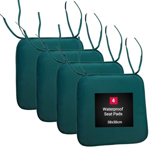 KARKARM Waterproof Chair Cushion Seat Pads Set of 4 Green, 38x38cm - Outdoor Garden Chair Seat Pads Tie on - Indoor Dining Chair Seat Pads for Home Office Kitchen Patio