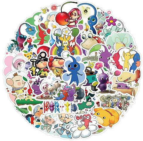 CAREOR 50Pcs Pikmin Stickers, Vinyl Waterproof Anime Pikmin Stickers for Kids Teen Crafts Laptop Bottles Envelopes Gifts Tags Snowboard (A)