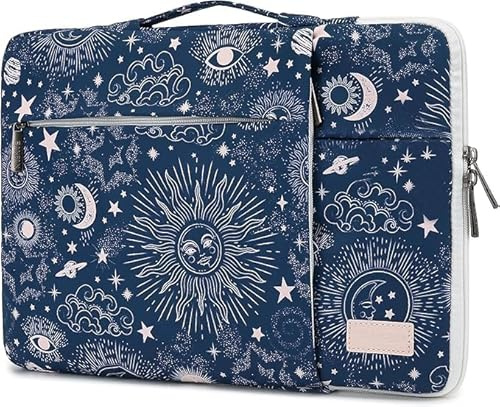 SANFAN Housse de protection pour ordinateur portable 360° avec 3 poches, poignée et sangle pour bagages, motif soleil, lune et étoiles sur fond bleu marine