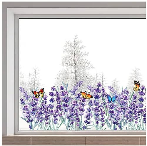 GORGECRAFT 116x38cm Große Lavendel Fensteraufkleber Doppelseitig Transparent Statisch Fensteraufkleber Violette Blumen Gras Schmetterling Nicht Klebende Fensteraufkleber Für Glasschiebetüren Kollision