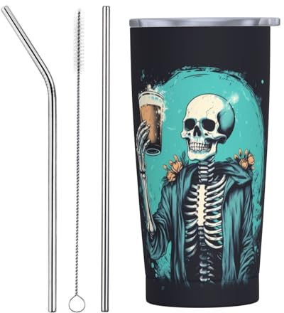 Vaso de 20 onzas con tapa y popote, vaso aislado de cerveza de calavera vintage, vasos de acero inoxidable, vaso de café personalizado, taza de viaje, botella de agua