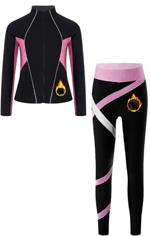 inhzoy Mädchen Eiskunstlauf Anzug Thermo Langarmjacke Und Thermo Leggings Mit Fleece Kinder Sport Set Workout Yoga Outfit Rosa 134-140