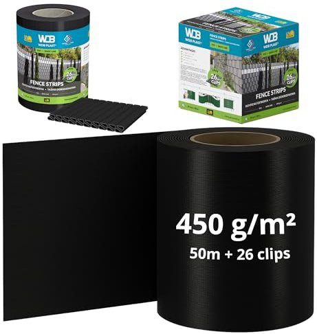 WDB - Sichtschutzstreifen für Doppelstabmatten Sichtschutz Zaun | PVC Windschutz Basic Line - 19 cm x 50 m + 26 Stück Befestigungsclips - Schwarz - RAL 9005