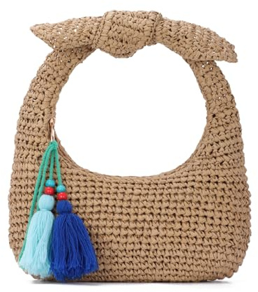 EVEOUT Raffia Clutch Damen mit Schleife Sommer Elegante Stroh Halbmond Handtasche für Hochzeit Party Boho Gewebte Strohtasche für Strand Urlaub