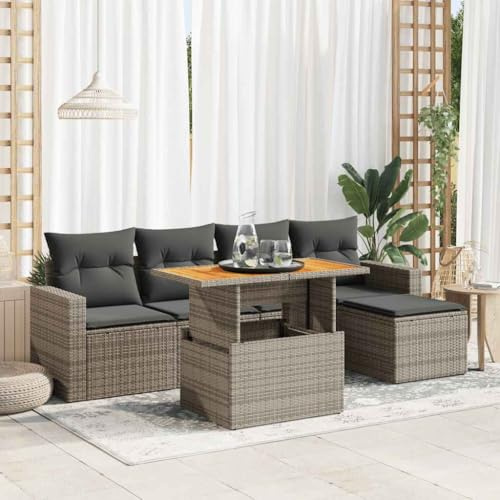 IKAYAA Gartenmöbel Set mit Stauraum Gartenlounge mit Stauraum Balkon Lounge Gartensofa Rattan gartenmöbel Balkon Möbel Wetterfest mit Kissen Poly Rattan-Grau-6-tlg