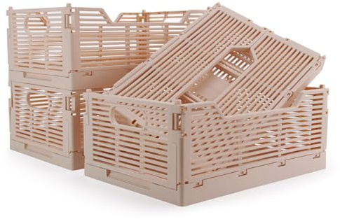 Vivikivi 4-Pack Collapsible Storage Boxes Foldable Crates,30x20x12.5cm,Pink | Space-Saving Stackable Folding Storage Baskets Plastic Crate for Home, Classroom, Office, Kitchen, Bedroom