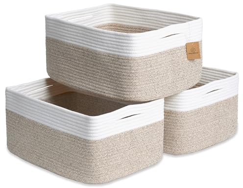 NaturalCozy Storage Baskets 16.8”x13”x7.6” Cotton Rope Woven Baskets for Organizing 3-Pack | Toy Storage Bins | Basket for Shelves, Laundry, Blanket, Clothes, Closet, Kitchen, Bathroom, Gifts