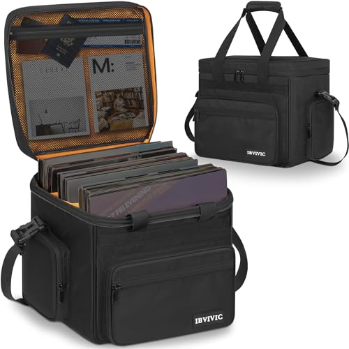 OUUTMEE Vinyl Record Carrying Bag- Water-Resistant Vinyl Records Storage Case for 7/10/12 Inch LP Albums Holds 90-110 LPs - LP case with Removable Dividers for Travel & Home Organization(Size-L)