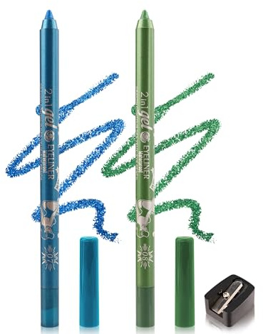 2Pcs Crayon Gel Yeux Pailleté Bleu Vert, Métallique Eye Liner Waterproof | Eyeliner Longue Tenue, Effet Tatouage avec Taille-Crayon, Anti-Salissures Hautement Pigmenté, Maquillage pour Party