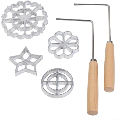 Homeponnew Juego de 6 moldes de hierro roseta, con asas de madera de 9.84 pulgadas, 4 bunuelos de cocina, herramientas de hornear de aleación de aluminio resistente para gofres, galletas, pasteles