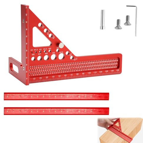 3D Multi Angle Équerre Menuisier avec Crayon, Multifonctionnel en Aluminum Règle de Menuisier Triangulaire de 22.5 à 90 Degrés, Équerre Charpentier Règle,0-150mm, Rouge