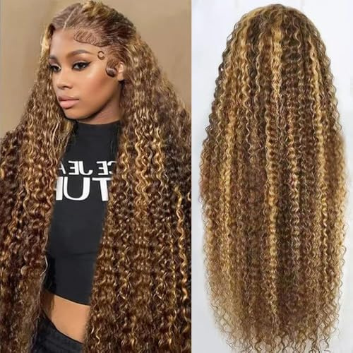 30 Zoll Honigblond Ombre Deep Wave HD Lace Front Perücke Echthaar 13x6 Spitze, Vorgezupft, 200% Dichte, Brasilianische Virgin Hair Perücke für Frauen, Farbe #4/27 Highlight