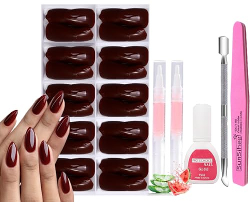 120 Stück Weinrote Mandeln Künstliche Nägel Set, Mittellange Press-on-Nägel | 12 Größen Falsche Nägel Set mit Nagelkleber, Feile, Nagelhautschieber&2 Nagelseren,Langanhaltendes Weihnachts-Maniküre-Set
