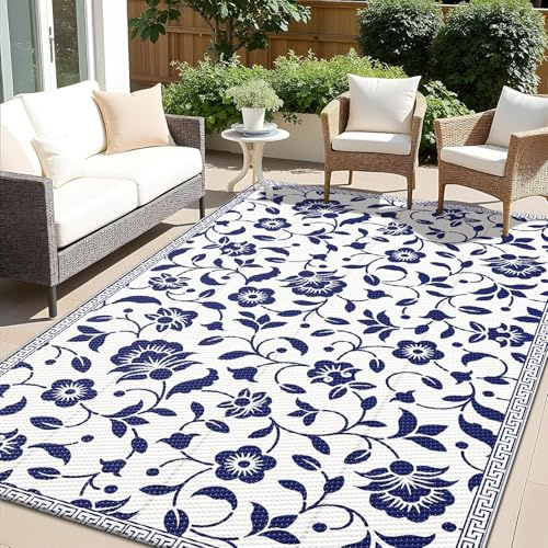 smiry Blumen Muster Outdoor Teppich Wetterfest 120x180 cm, Marine Blau&Weiß | Balkon Camping Teppiche UV-beständig Waschbar Außenteppich Draussen Wendbarer für Terrasse, Garten, Wohnmobil