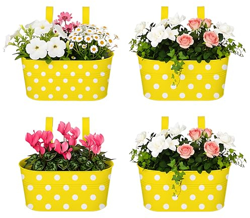 DIVCHI 4PCS Heavy Duty Metal Hanging Plant Pots 30cm Fence Railing Planters with Detachable Hooks Balcony & Garden Flowerpots with Drainage Hole Outdoor & Indoor Décor Planters (Yellow with Dots)