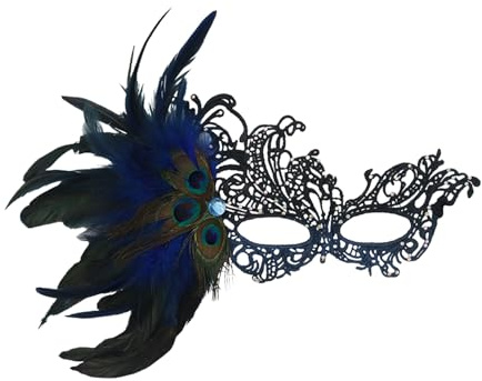 Rainway Masque de bal de mascarade en plumes de paon pour femme - Élégant demi-masque avec plumes de paon / strass - Masque vénitien gothique - Accessoire de costume pour carnaval, fête, carnaval
