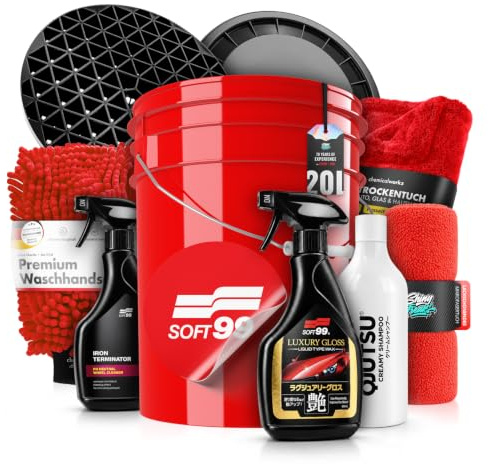 Soft99 Autowasch Set 20L Qjutsu Iron Terminator Luxury Gloss 10-tlg | Mit 20L Wascheimer, Deckel, Schmutzfalle, Waschhandschuh, 1400GSM Trockentuch und Mikrofasertuch für Wäsche und Finish.