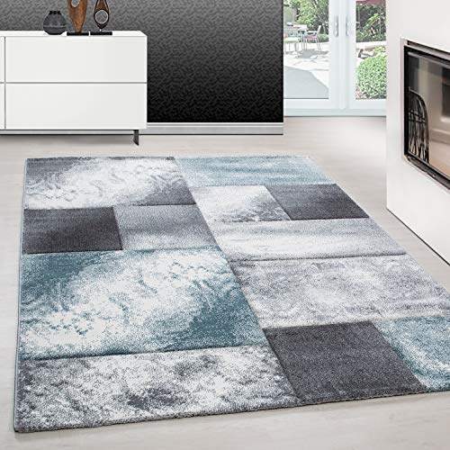 Teppium Moderner Kurzflor Teppich Läufer Flur 80 x 150 cm Blau - Konturenschnitt Teppich Waschbar, Kariert Design, Pflegeleicht und Weich - Ideal als Bettvorleger im Schlafzimmer und Küchenläufer
