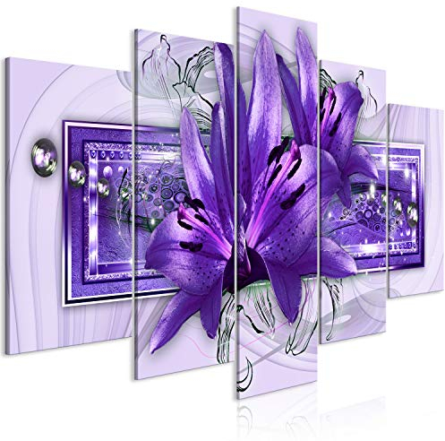 murando - Wandbilder XXL Blumen Lilien 100x50cm 5 tlg - Wand Deko Leinwand Bilder Groß Wanddeko Wohnzimmer Schlafzimmer Kunstdrucke - violett b-C-0375-b-p