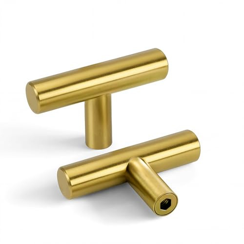 LONTAN 15 Pack Gold Kitchen Cabinet Handles and Knobs - Brass Bathroom Cupboard T Bar Door Knobs - Modern Single Hole Drawer Pulls