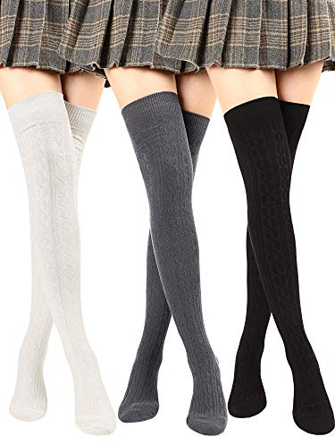 SATINIOR Über Knie Lange Socken Baumwolle Oberschenkel Hohe Socken Stricken Stiefel Strumpf Beinwärmer (Schwarz, Dunkelgrau und Weiß, 3 Paare)