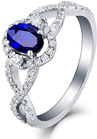 AMDXD 18Karat Weißgold Ringe für Damen, 1.72ct Topaz Hohl Kreuz Oval Form Vertrauensring Diamantring Blau Silber Gr.45 (14.3)