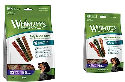 WHIMZEES Natürliche Getreidefreie Zahnpflegesnacks, Kaustangen für Hunde, Stix XS, 56 Stück à 7,5 g & Natürliche Getreidefreie Zahnpflegesnacks, Kaustangen für Hunde, Zahnbürste XS, 48 stück, 7,5 g