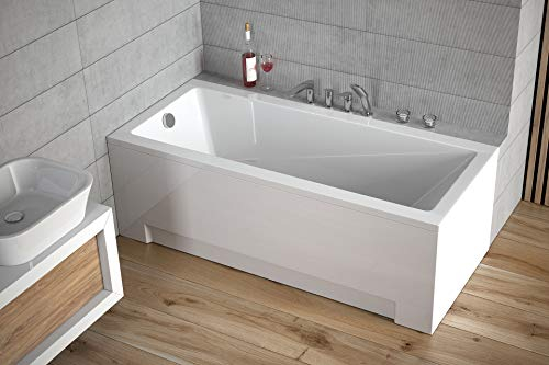 BADLAND Badewanne Original Weiß Acryl Wanne Rechteck MODERN 160x70 KOMPLETTSET SET mit Weiß Acrylschürze + Füßen und Exklusive Chrom Automatik Ablaufgarnitur Made in EU 4in1