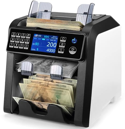 MUNBYN IMC08 Dual Money Counter Machine Mixed Denomination with Reject Pocket, Value Counting, Counterfeit Detection 2 CIS/UV/MG/IR, Sort&Print Enabled Cash Counter, Mixed Bill Counter (White)