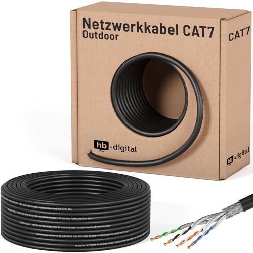 HB-DIGITAL 50m CAT 7 Netzwerkkabel Outdoor - Schwarz | LAN Kabel Verlegekabel, S/FTP AWG23, doppelt geschirmt PiMF, reines Kupfer, max 10Gbit/s