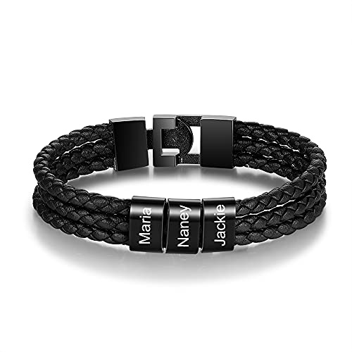 Personalisierte Armband mit 2~5 Name Perlen Herren Lederarmband Personalisiert Männer Braid Armband mit Namen Graviert Edelstahl Geschenk für Männer Vatertag