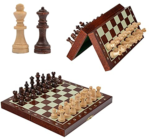 Schöne Reiseschach Magnetisch Holz Schachspiel | Master of Chess | Schachbrett Kinder | Handgefertigt mit magnetisierten Figuren - Classic Travel Chess Game (Mini 20x20cm)