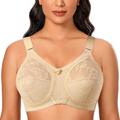 Ayigedu Ladies Plus Size Bra Minimiser Lace Full Coverage Firm Hold Non Padded Non Wired 40F Beige
