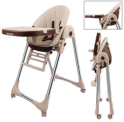 OUNUO Chaise Haute Enfant, Chaise Haute Bébé Evolutive, Pliable, Réglable, Nettoyage facile, Avec Roulettes (Beige)
