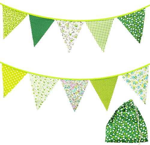 22 Feet Fabric Bunting Banner 24 Pieces Vintage Bunting Pennant Flags Reusable Cotton Triangle Banner Flag Garland for Wedding Birthday Party Baby Shower Home Garden Decoration, Green