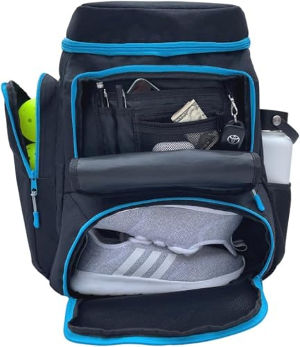 PBAW Pickleball Backpack Bag – Fits 2-4 Paddles, Vented Shoe Compartment, 14 Pockets, Fence Hook & Dual XL Bottle Holders – Lightweight Carry-On Gear Bag for Men & Women - Black/Blue