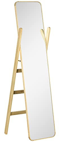 HOMCOM Espejo de Pie con Perchero Espejo de Cuerpo Entero 40x35x147 cm Espejo Largo con Marco de Madera para Salón Dormitorio Entrada Natural