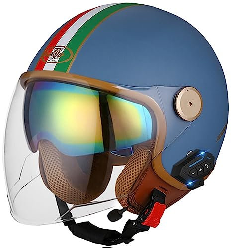 Casco Moto Jet Bluetooth Integrato Auricolare E Microfono Integrati con Doppia Visiera Retrattile Certificazione ECE Casco Jet Jet Per Adulti Uomini Donne - Mezze Caschi Moto Stile Vintage T,L