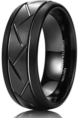 King Will TYRE Men's 8mm Silver Black Domed Tungsten Carbide Ring Matte Finish Groove Design Wedding Bands