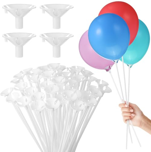 Balloon Holder Sticks with Cups, White Plastic Balloon Stands for Desktop Table Decorations, Reusable Stick Holders for Birthday Party, Wedding, Baby Shower, Halloween, Christmas (50 Pcs)