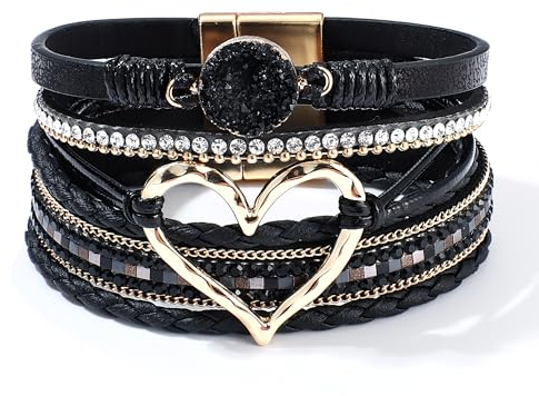 LOLIAS Lederarmband Damen Mädchen Boho Herz Armband Damen Leder Armbänder Perlenarmband Magnetverschluss Kette Frauen Armband Schwarz Wickelarmband Indianer Modeschmuck