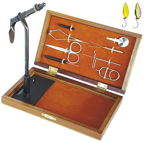 Set Fliegen-Bindestock aus edlem Holz, Bindeset zum Fliegen binden Bindewerkzeug + 2 gratis Forellen-Spoons